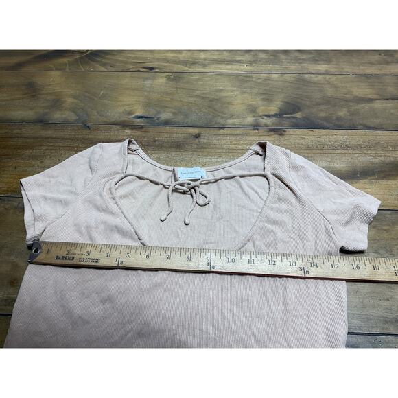 Lovers + Friends Revolve Tan Ribbed Crop Baby Tee Tie Front Size Small - Picture 6 of 8